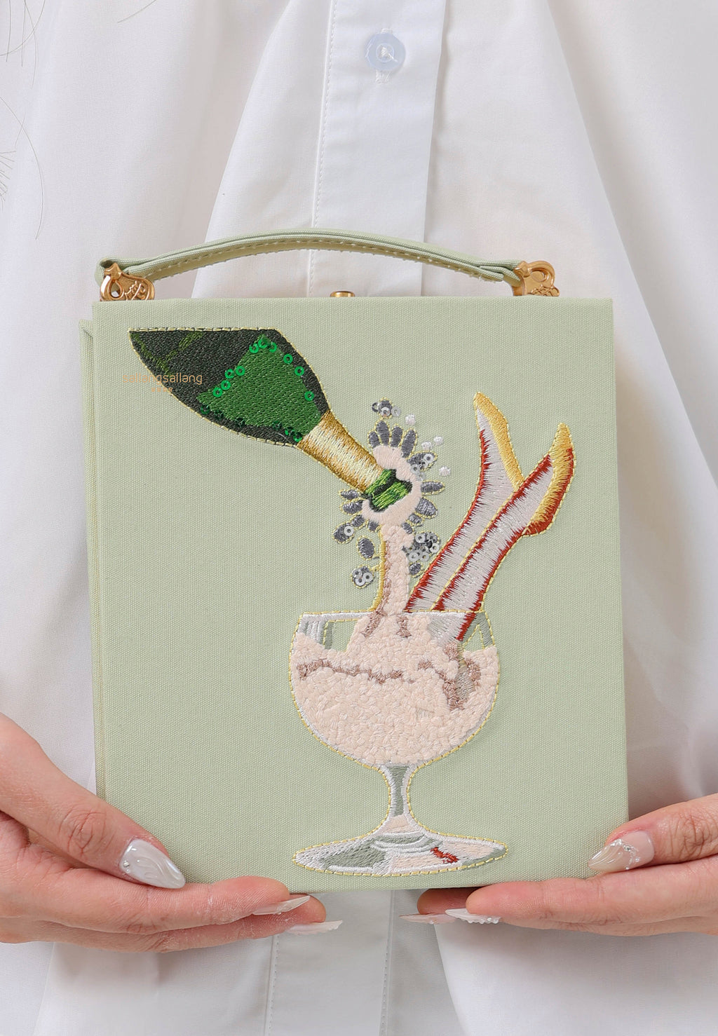 Taya-Wine Glass Pattern Embroidery Book shape clutch bag- light green