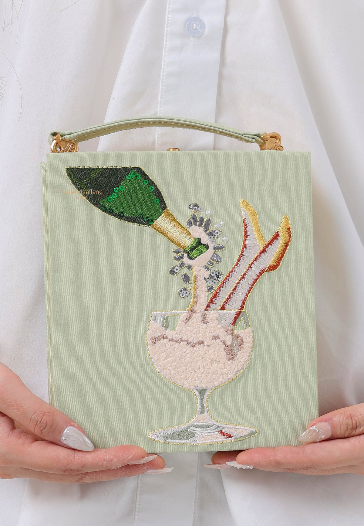 Taya-Wine Glass Pattern Embroidery Book shape clutch bag- light green
