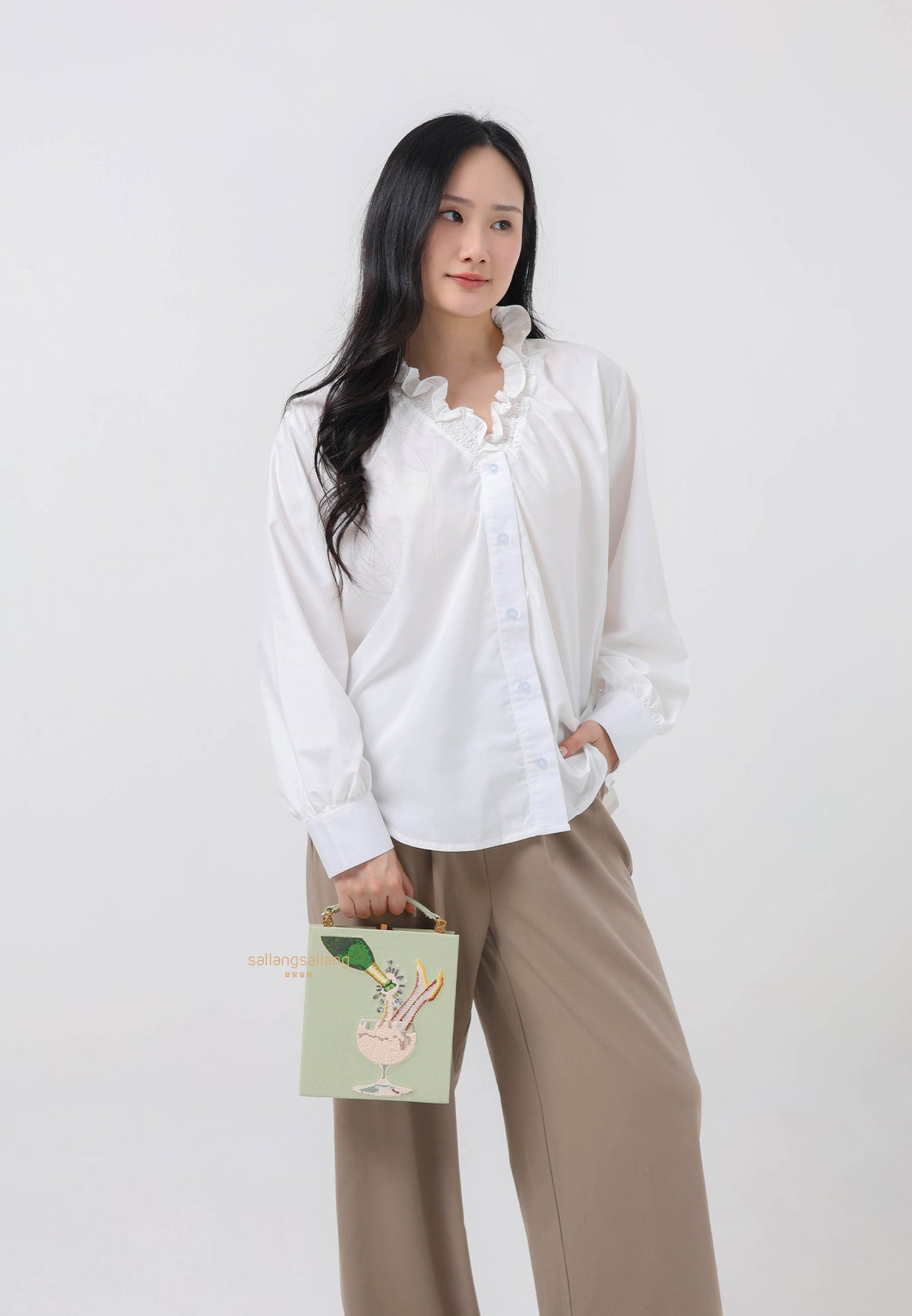 Taya-Wine Glass Pattern Embroidery Book shape clutch bag- light green
