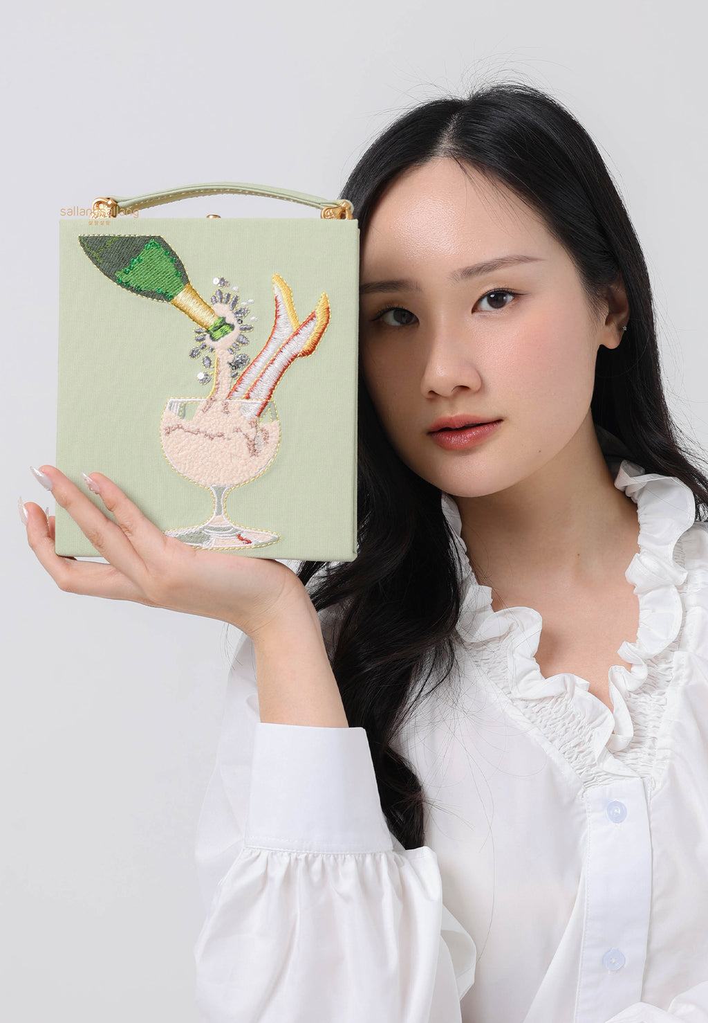 Taya-Wine Glass Pattern Embroidery Book shape clutch bag- light green