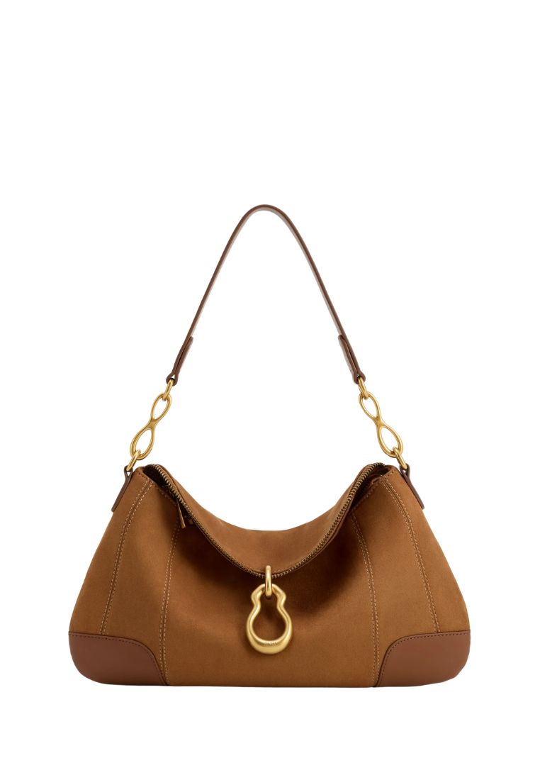 Jayla Faux Suede Metal Pendant Embellished Shoulder Bag - Brown