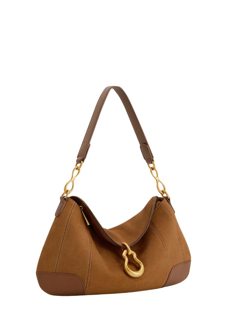 Jayla Faux Suede Metal Pendant Embellished Shoulder Bag - Brown