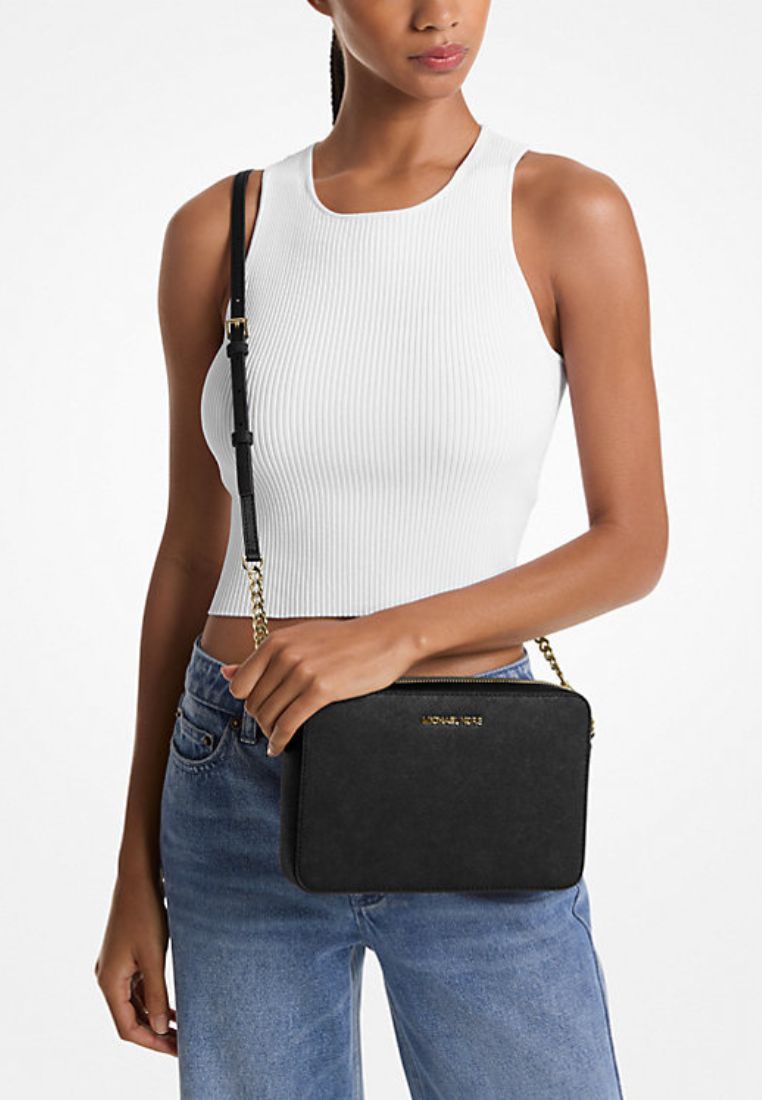 Jet Set Large Saffiano Leather Crossbody Bag Black