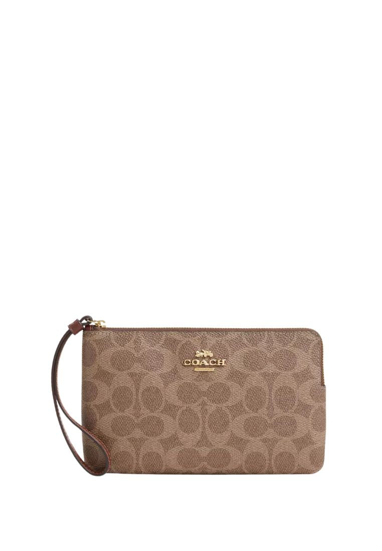 Large Corner Zip Wristlet In Signature Canvas Gold Tan Brown
