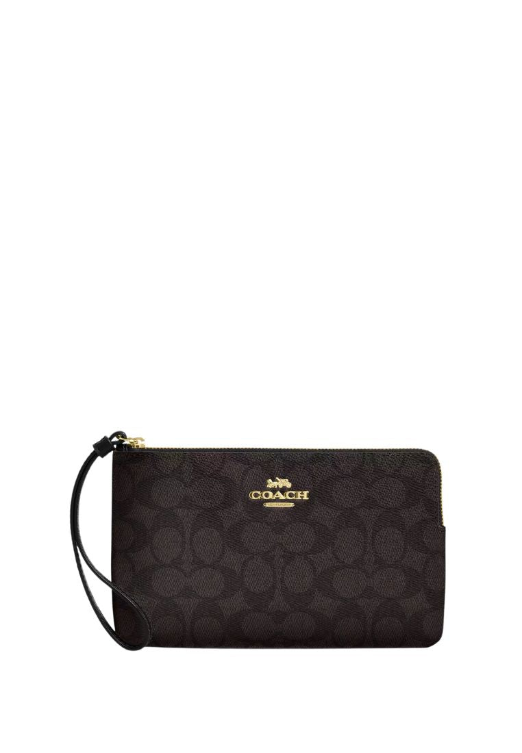 Large Corner Zip Wristlet In Signature Canvas Gold Walnut Black
