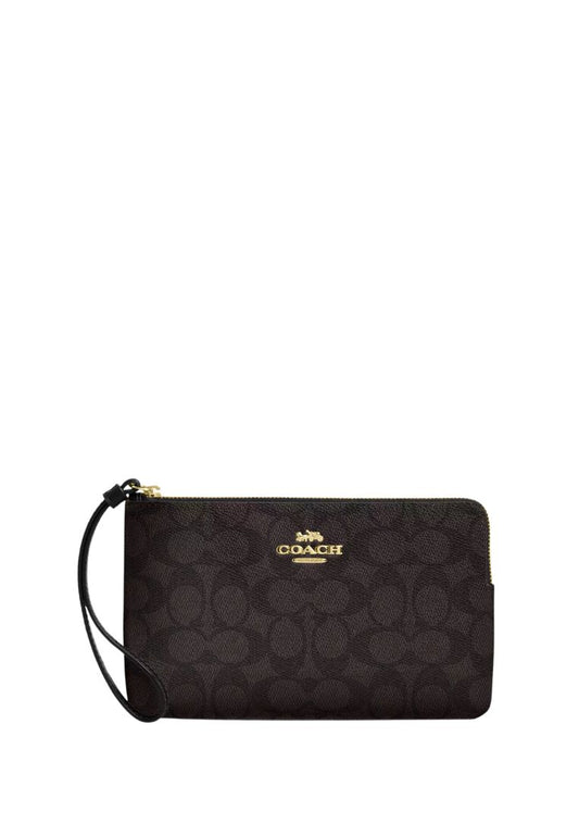 Large Corner Zip Wristlet In Signature Canvas Gold Walnut Black