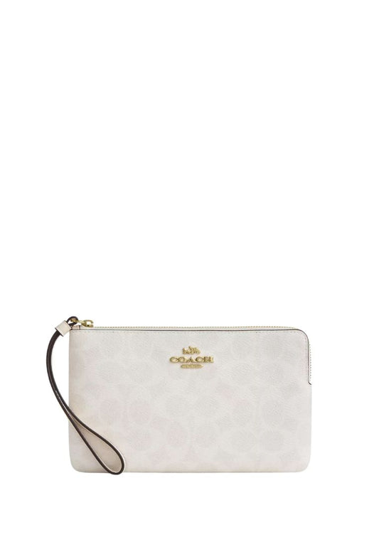 Large Corner Zip Wristlet In Signature Canvas Gold White Chalk
