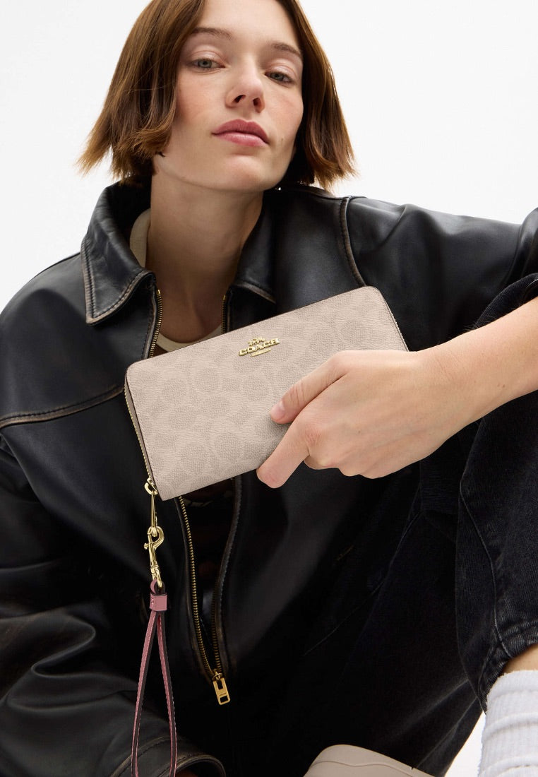 Long Zip Around Wallet In Signature Canvas Gold Sand Peony