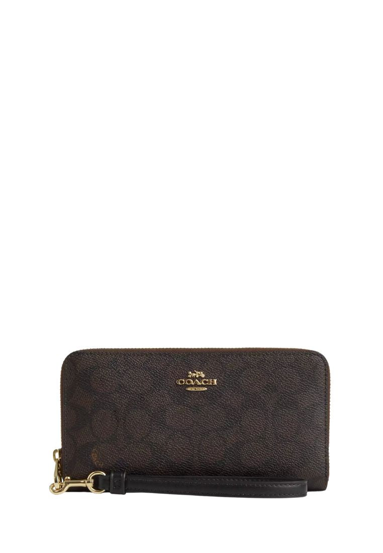 Long Zip Around Wallet In Signature Canvas Gold Walnut Black