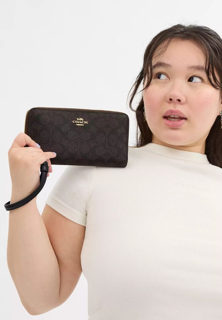 Long Zip Around Wallet In Signature Canvas Gold Walnut Black