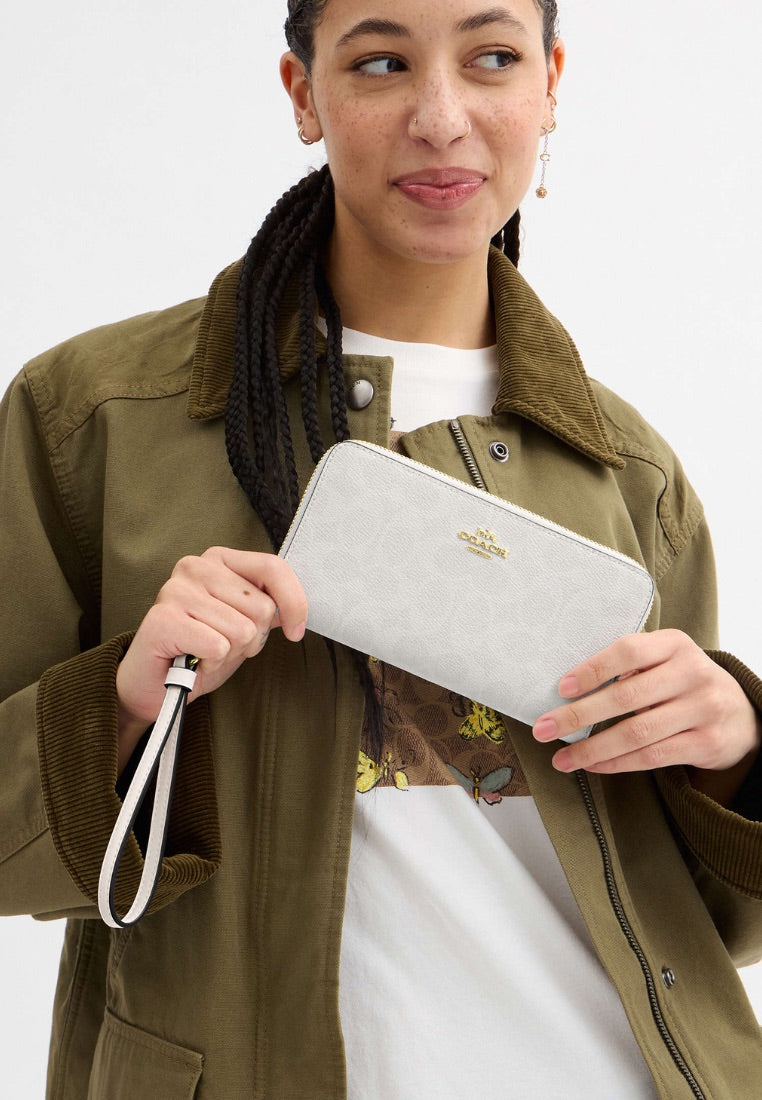 Long Zip Around Wallet In Signature Canvas Gold White Chalk