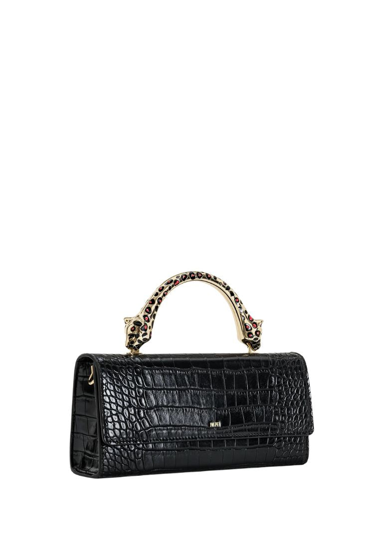 Maya Leopard-shaped Hardware Handle Top Handle Bag - Black Croc