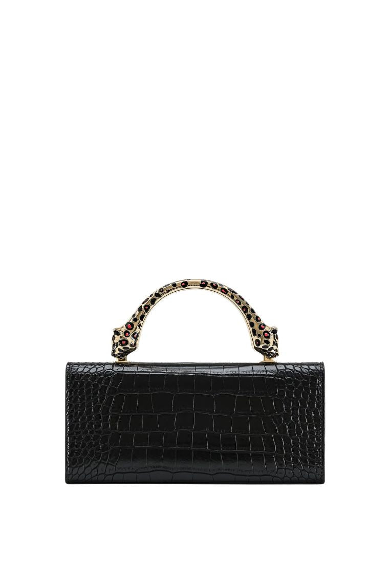 Maya Leopard-shaped Hardware Handle Top Handle Bag - Black Croc