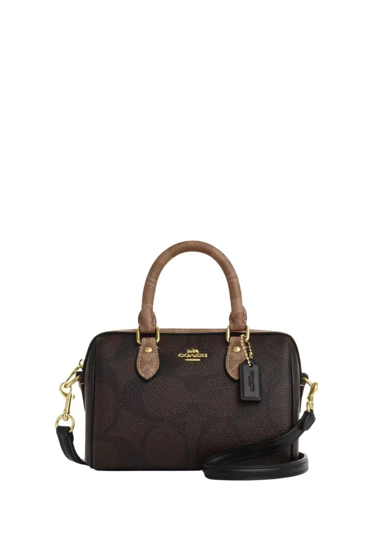 Mini Rowan Crossbody Bag In Blocked Signature Canvas Gold Walnut Tan