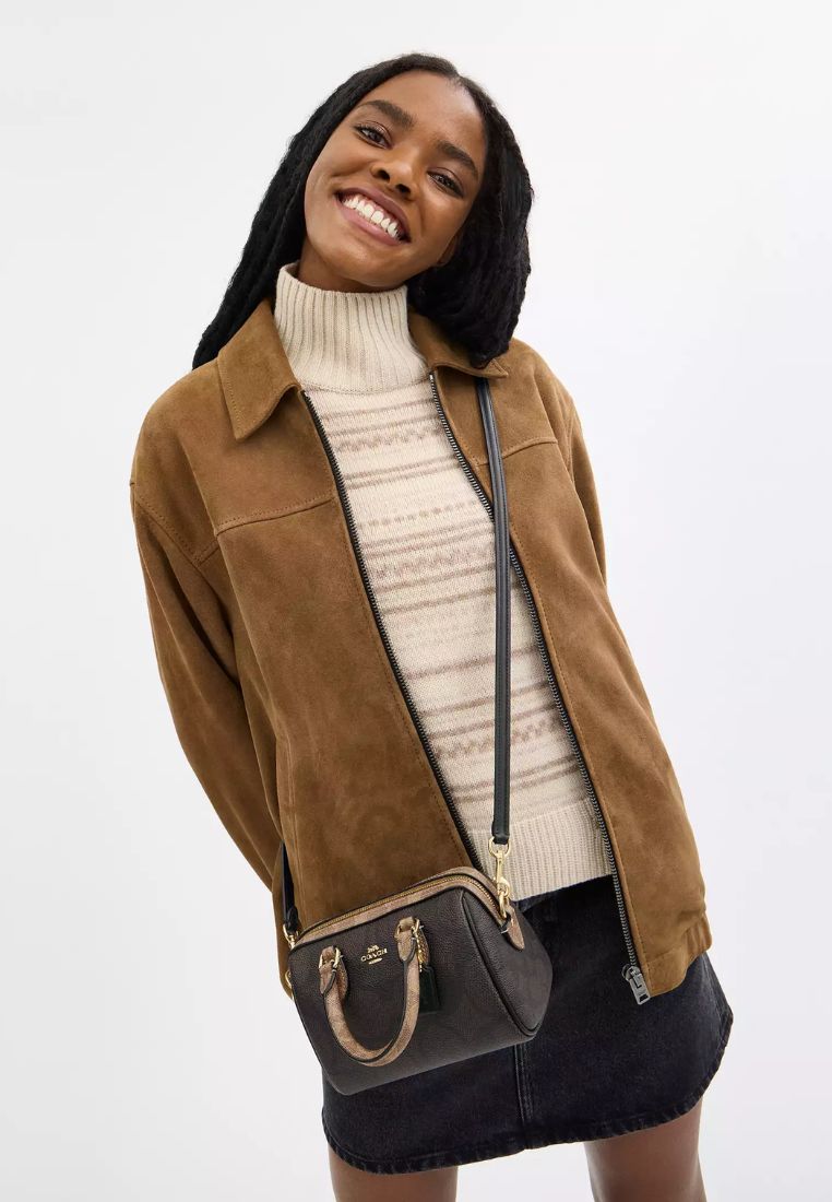 Mini Rowan Crossbody Bag In Blocked Signature Canvas Gold Walnut Tan