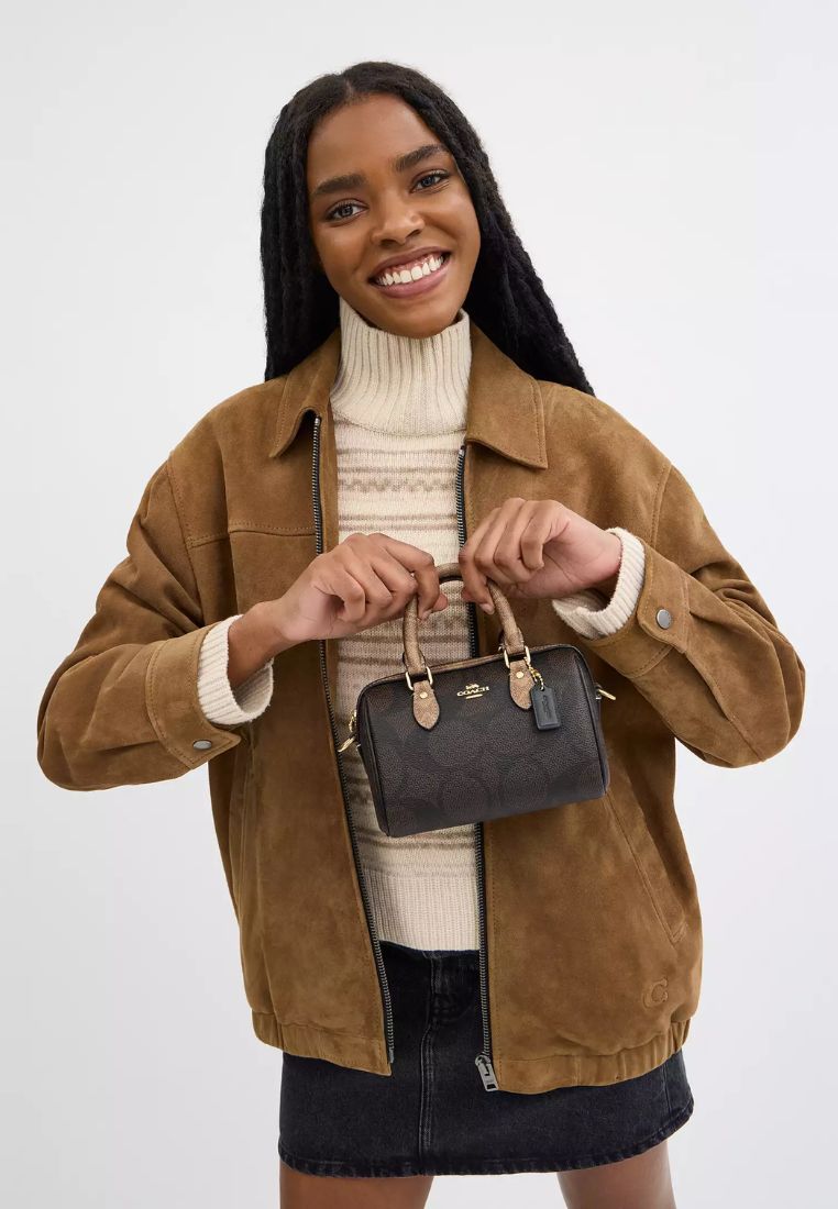 Mini Rowan Crossbody Bag In Blocked Signature Canvas Gold Walnut Tan