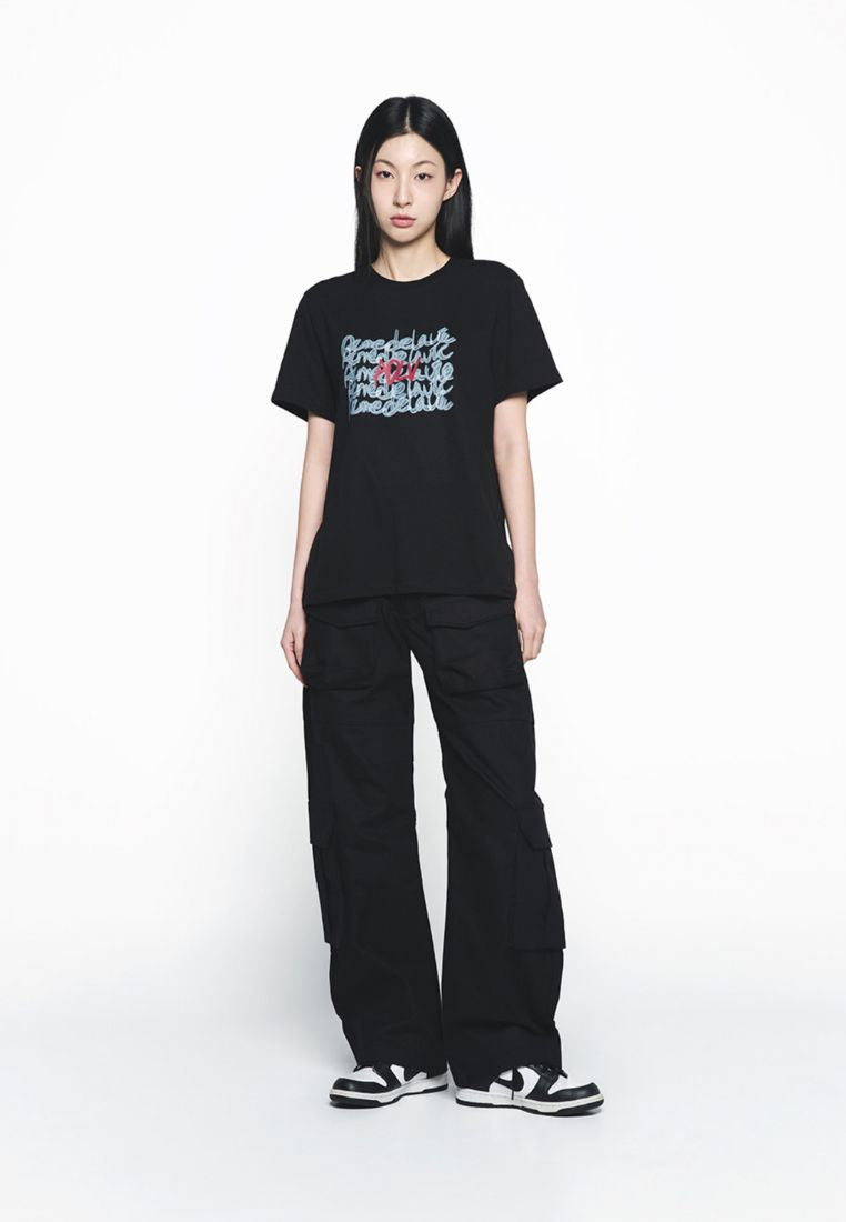 Oil Painting Graphic Woman Short Sleeve T-Shirt Black