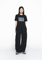 Oil Painting Graphic Woman Short Sleeve T-Shirt Black