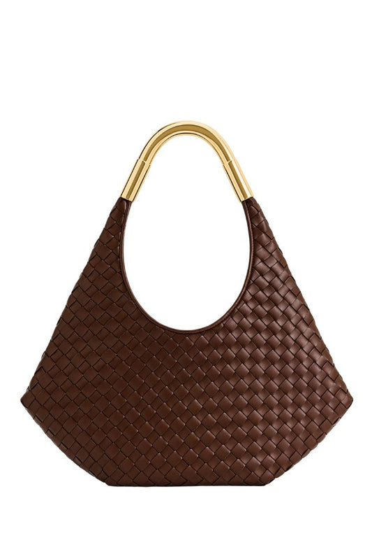 Olivia Hand-Woven Metal Handle Hobo Bag - Brown