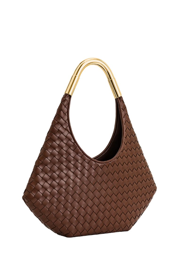 Olivia Hand-Woven Metal Handle Hobo Bag - Brown