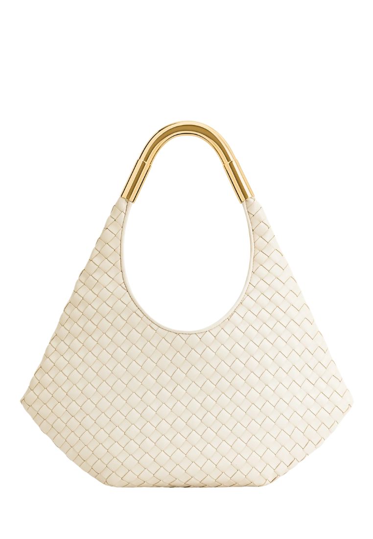 Olivia Hand-Woven Metal Handle Hobo Bag - White