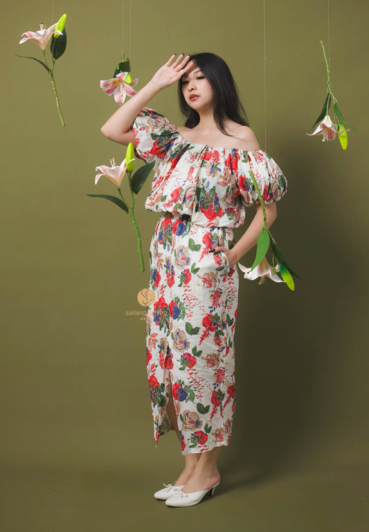 [MADE] High Linen Flower Off Shoulder Dress Red Ivory