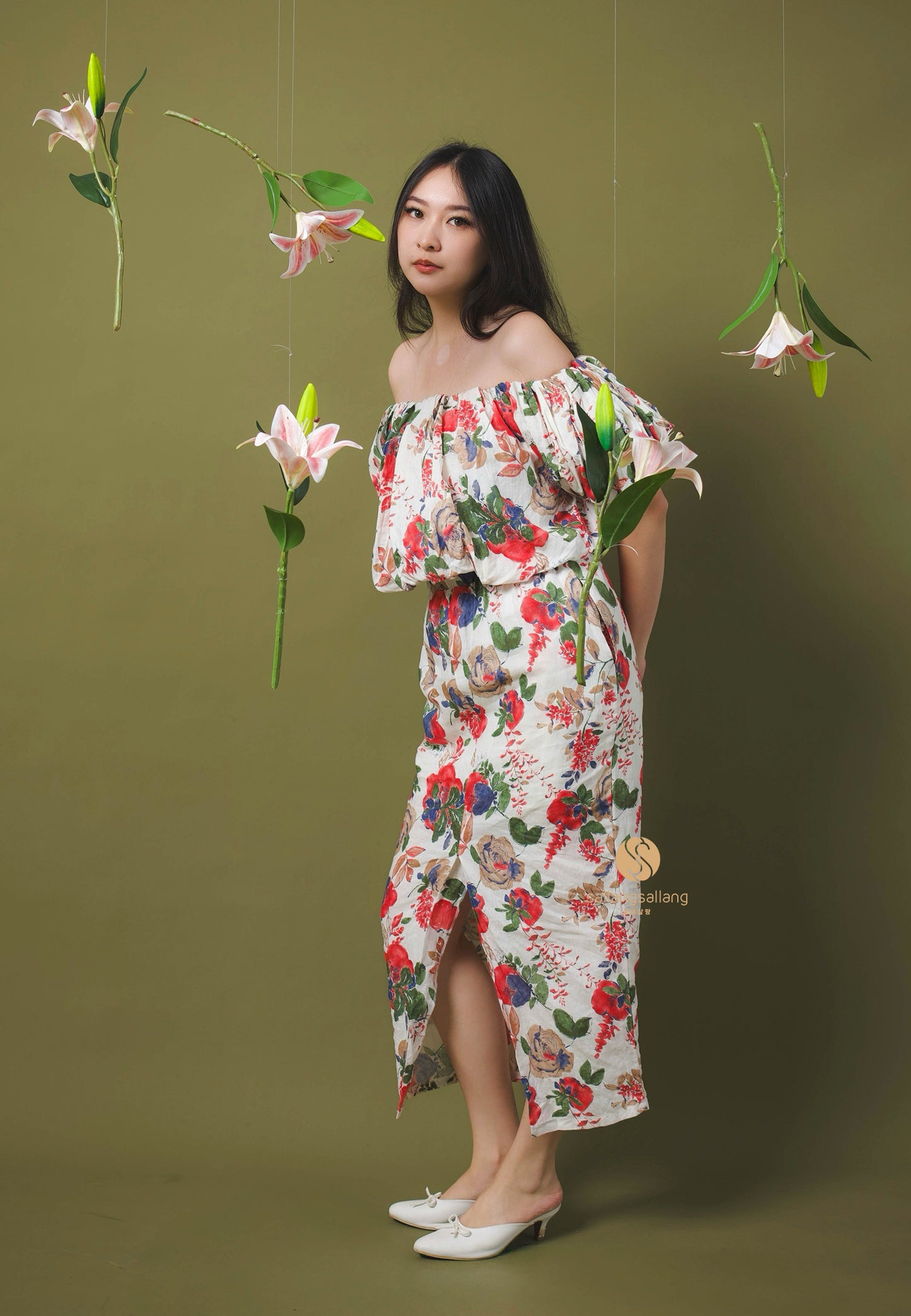 [MADE] High Linen Flower Off Shoulder Dress Red Ivory