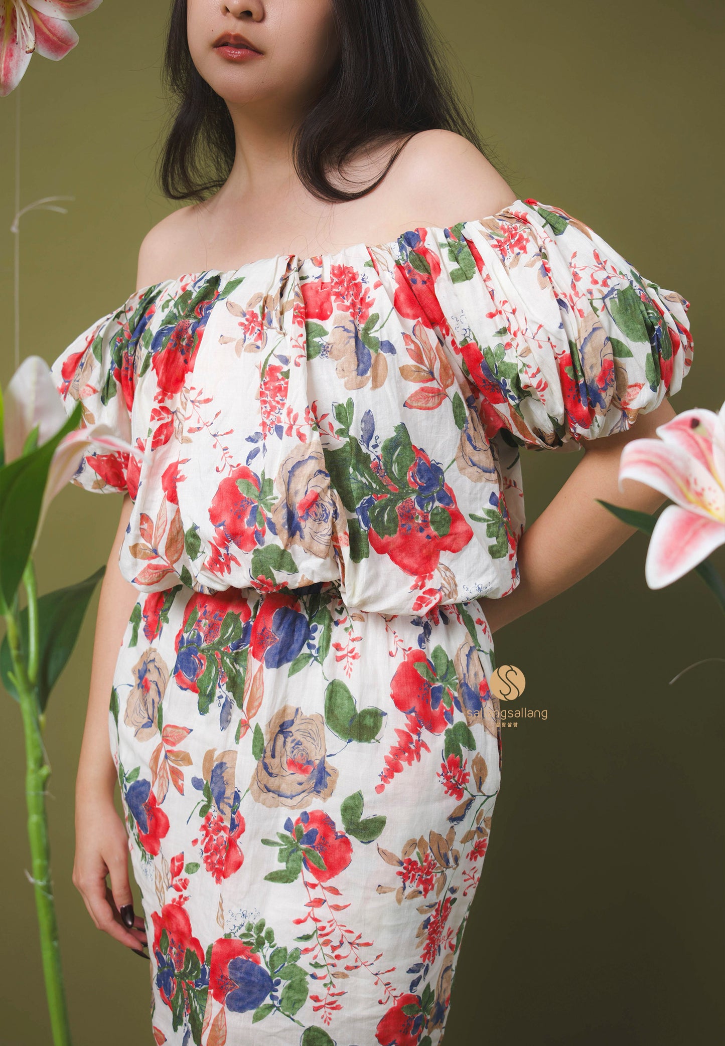 [MADE] High Linen Flower Off Shoulder Dress Red Ivory