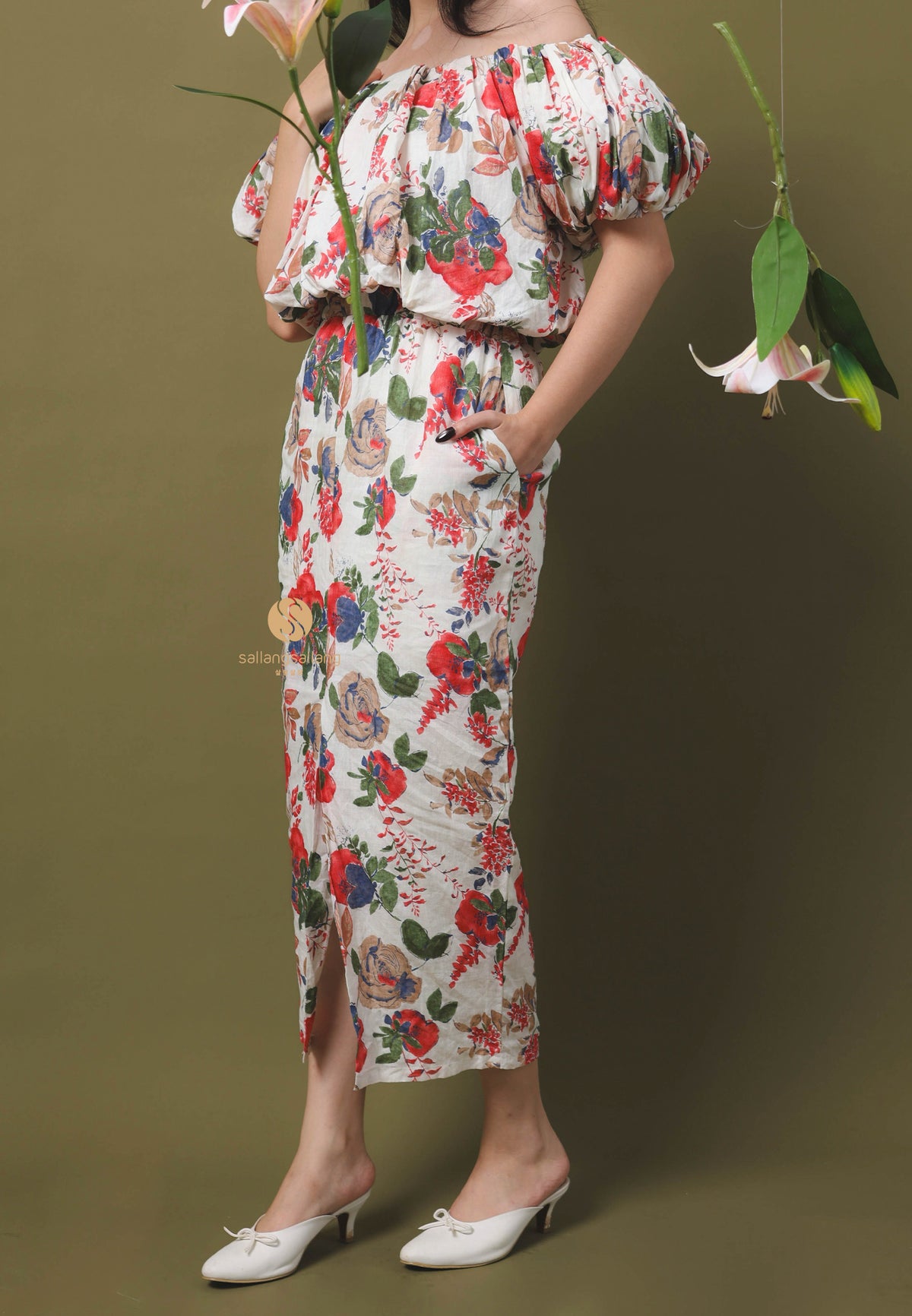 [MADE] High Linen Flower Off Shoulder Dress Red Ivory