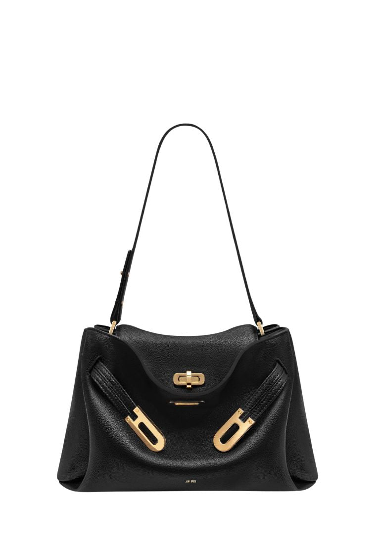 Rhea Pebbled Double Buckle Shoulder Bag – Black