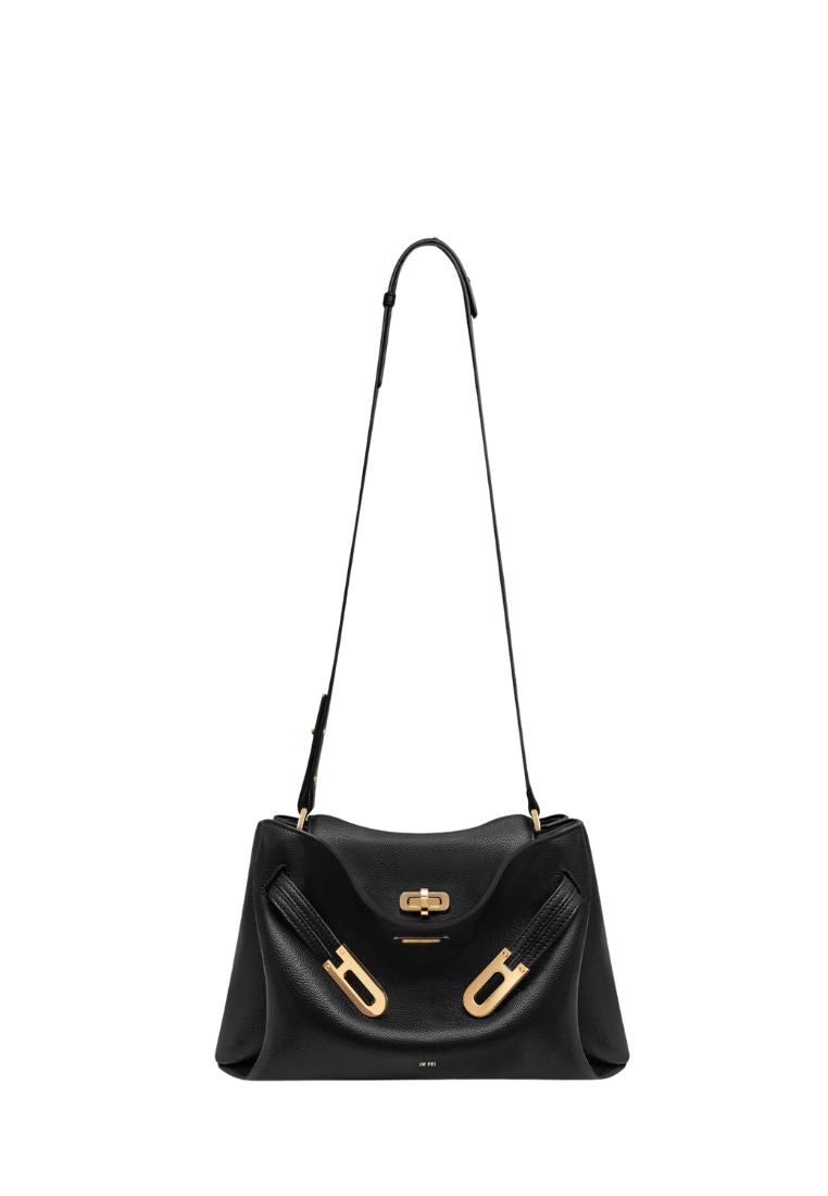 Rhea Pebbled Double Buckle Shoulder Bag – Black