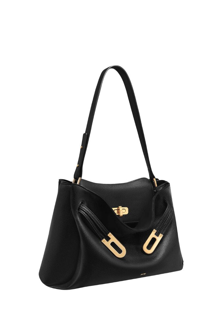 Rhea Pebbled Double Buckle Shoulder Bag – Black