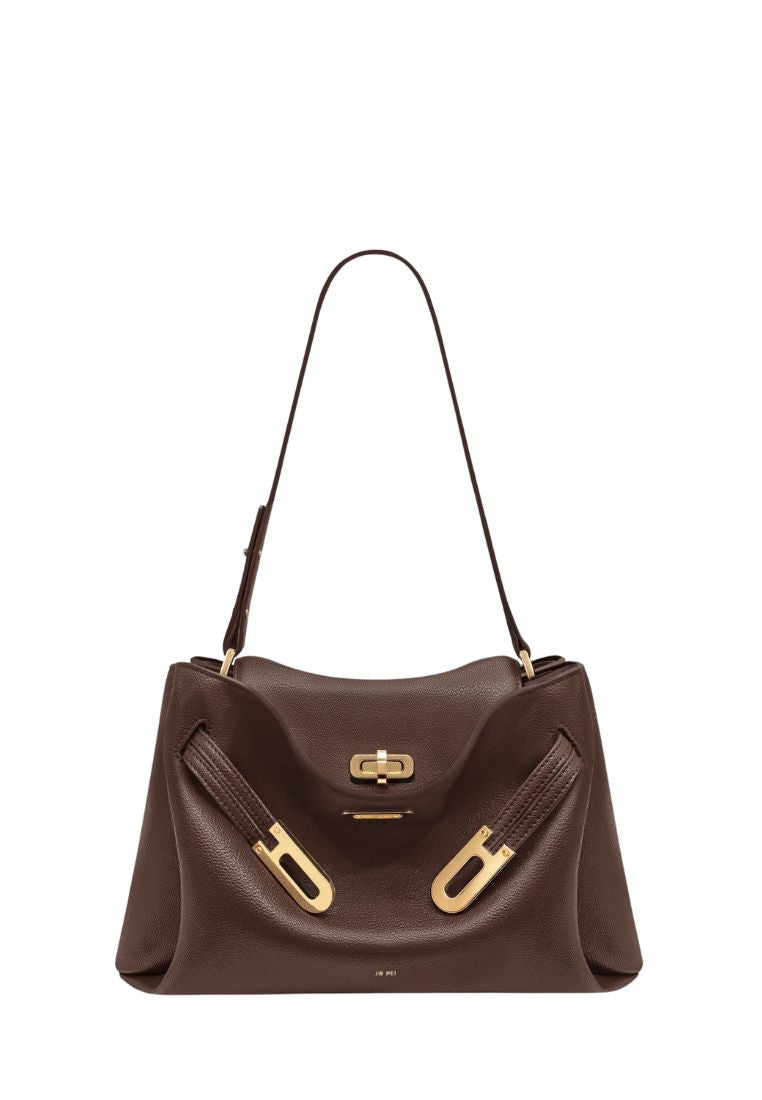 Rhea Pebbled Double Buckle Shoulder Bag – Dark Brown