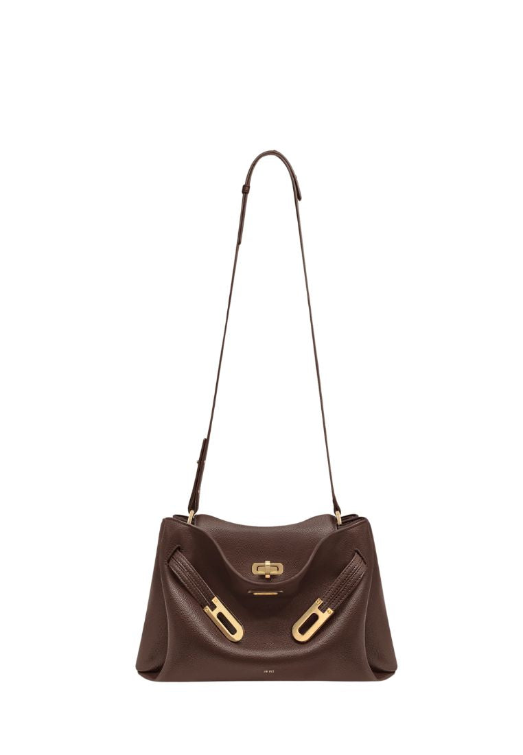 Rhea Pebbled Double Buckle Shoulder Bag – Dark Brown