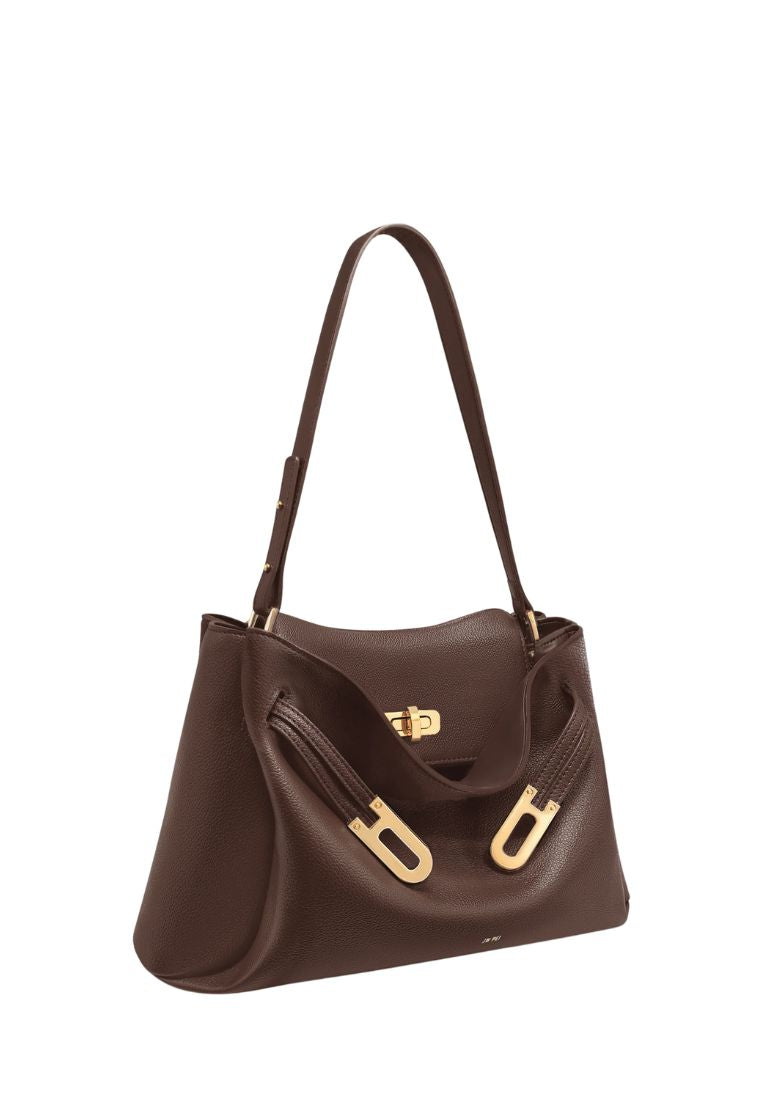 Rhea Pebbled Double Buckle Shoulder Bag – Dark Brown