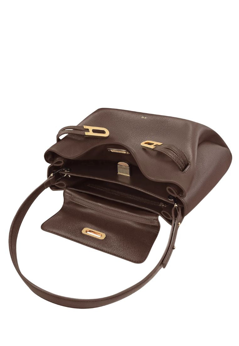 Rhea Pebbled Double Buckle Shoulder Bag – Dark Brown