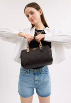 Rowan Satchel Bag In Blocked Signature Canvas Gold Walnut Tan