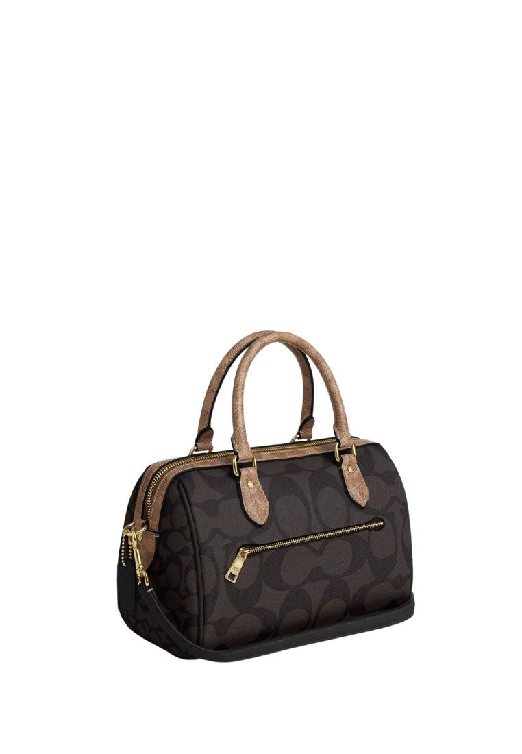 Rowan Satchel Bag In Blocked Signature Canvas Gold Walnut Tan