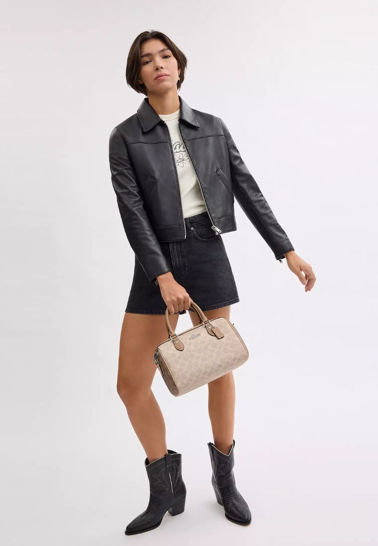 Rowan Satchel Bag In Blocked Signature Canvas Silver Sand Taupe Multi