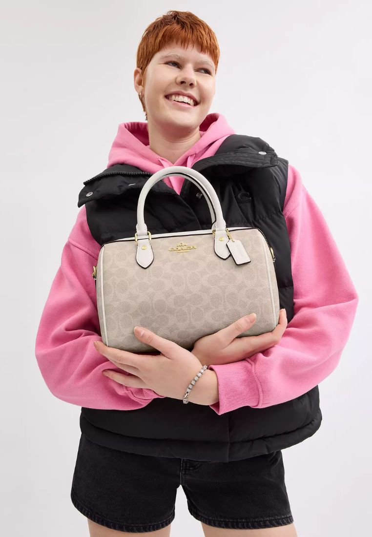 Rowan Satchel Bag In Signature Canvas Gold Sand Chalk