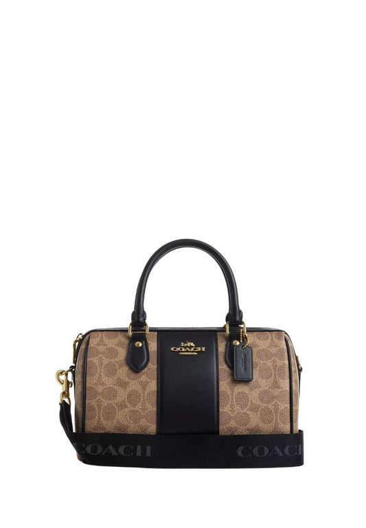 Rowan Satchel Bag In Signature Canvas Gold Tan Black