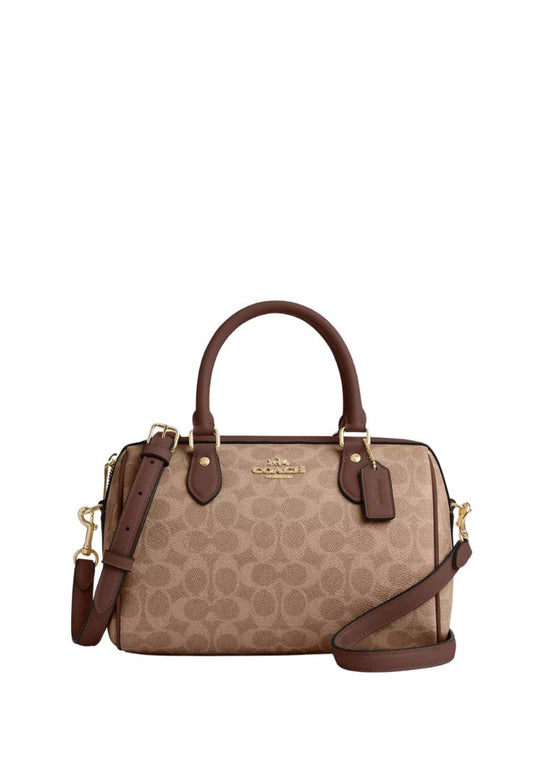 Rowan Satchel Bag In Signature Canvas Gold Tan Brown