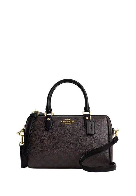 Rowan Satchel Bag In Signature Canvas Gold Walnut Black