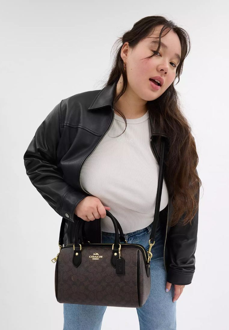 Rowan Satchel Bag In Signature Canvas Gold Walnut Black