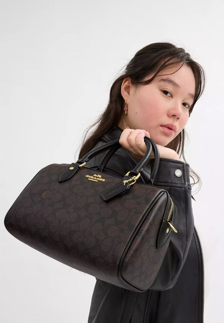 Rowan Satchel Bag In Signature Canvas Gold Walnut Black