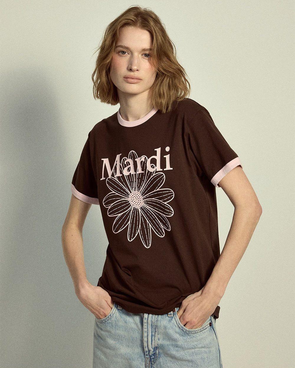 Slim Ringer Tshirt FLOWERMARDI Brown Pale Pink