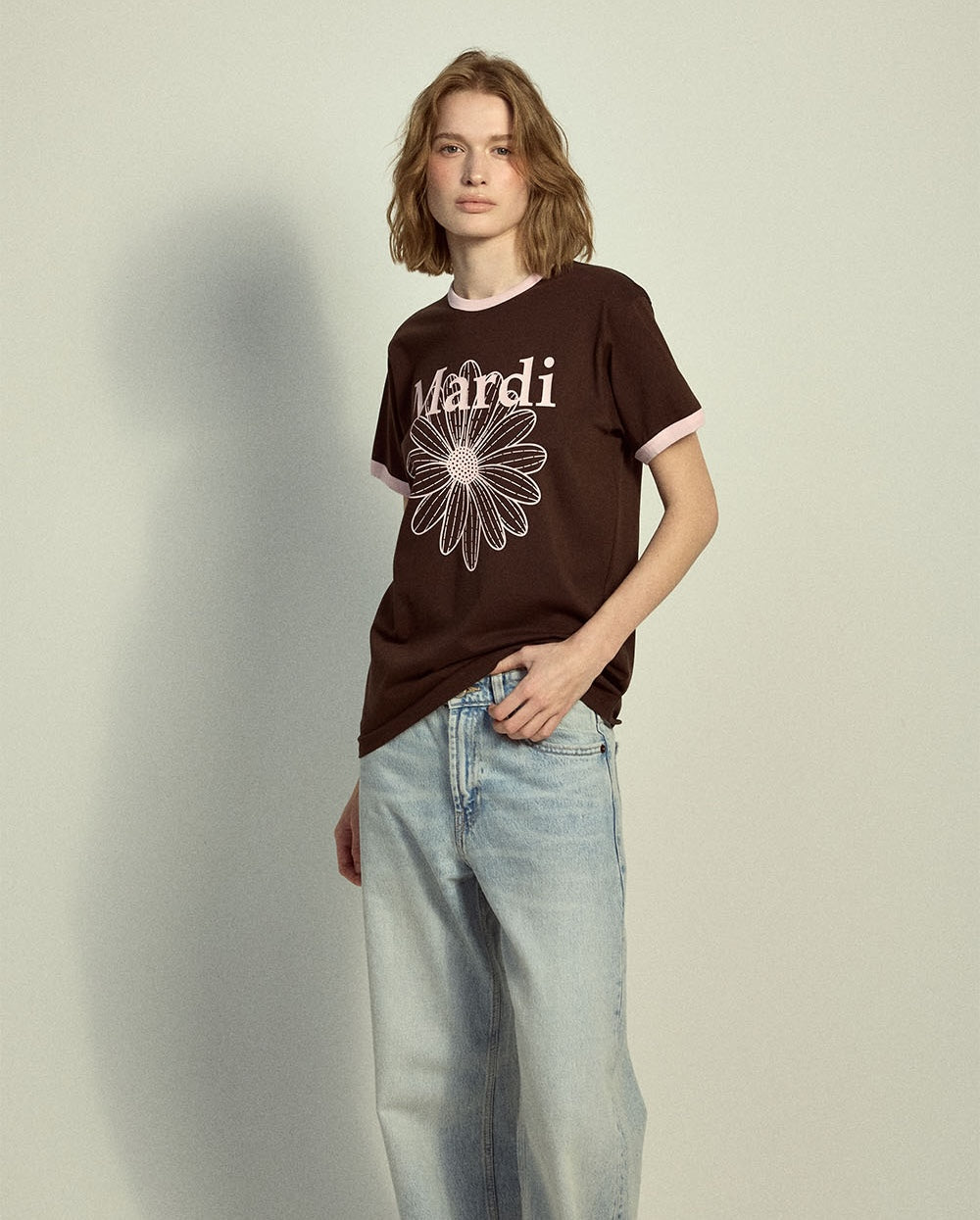 Slim Ringer Tshirt FLOWERMARDI Brown Pale Pink