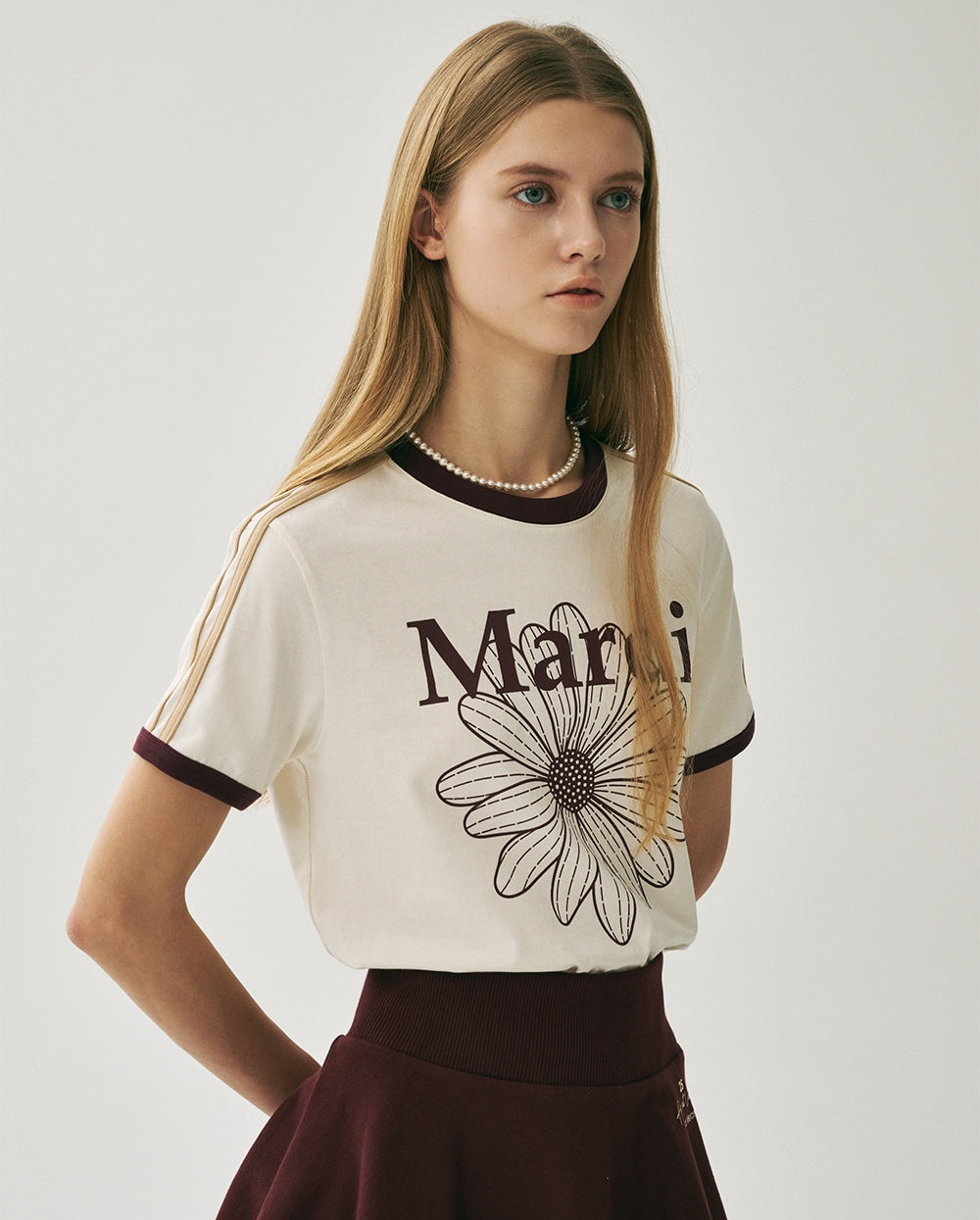 Slim Ringer Tshirt FLOWERMARDI Cream Burgundy