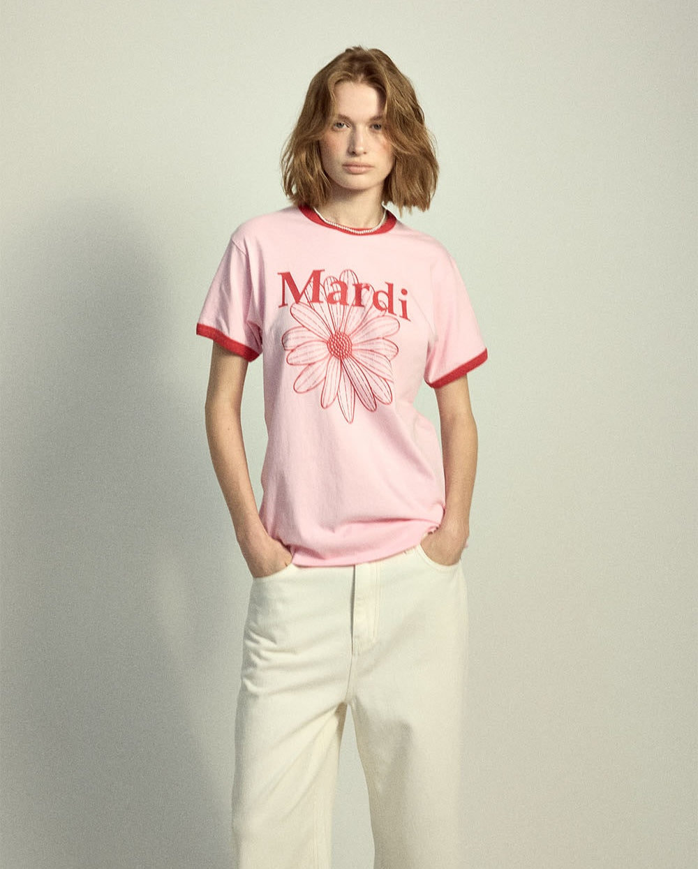 Slim Ringer Tshirt FLOWERMARDI Light Pink Red