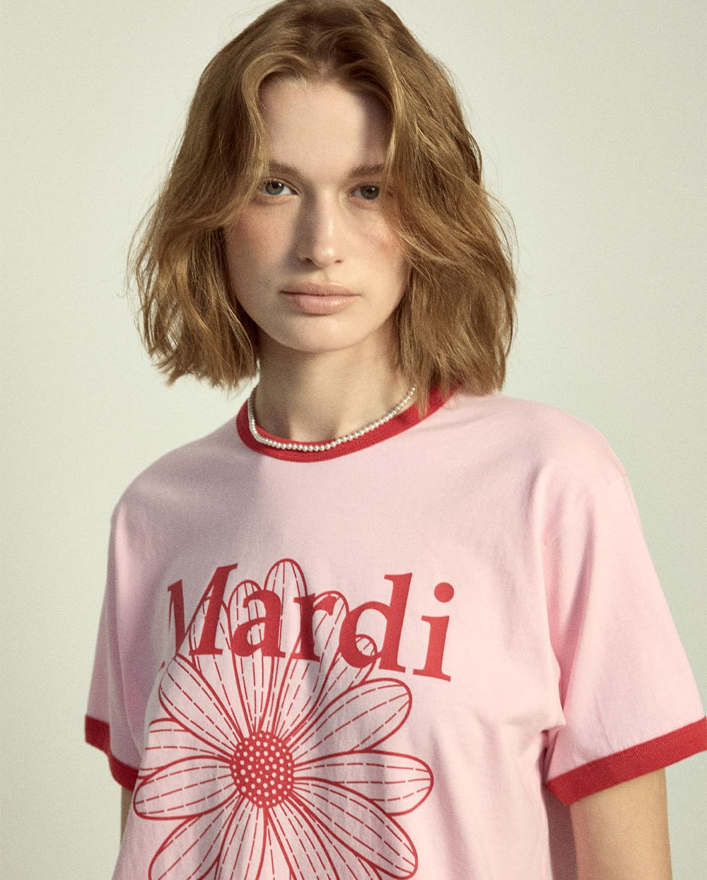 Slim Ringer Tshirt FLOWERMARDI Light Pink Red